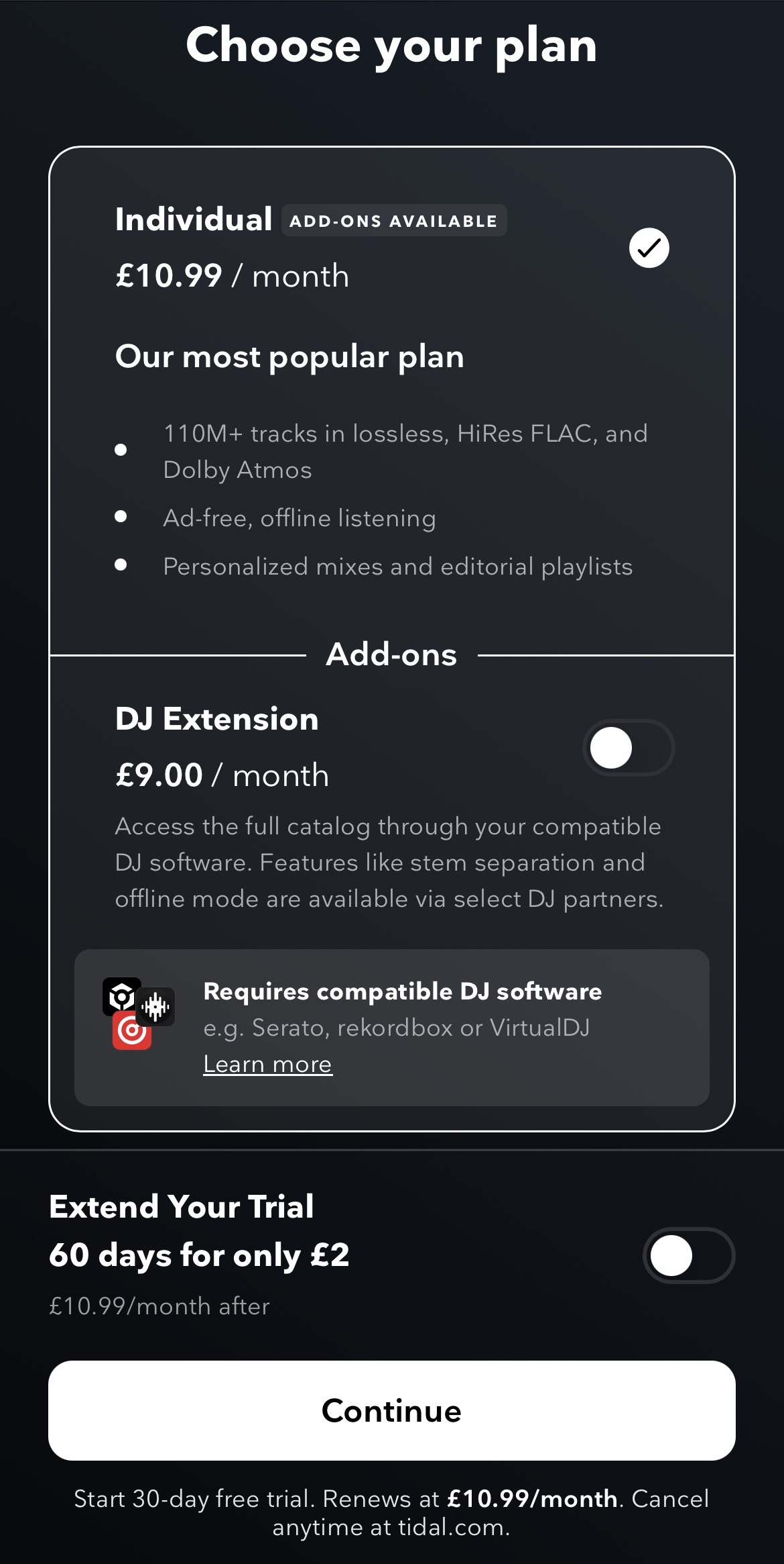 TIDAL plan selection screen
